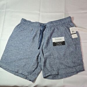DASH Womens Linen Indigo Chambrey 7" Inseam Slant Pocket Small Drawstring Shorts